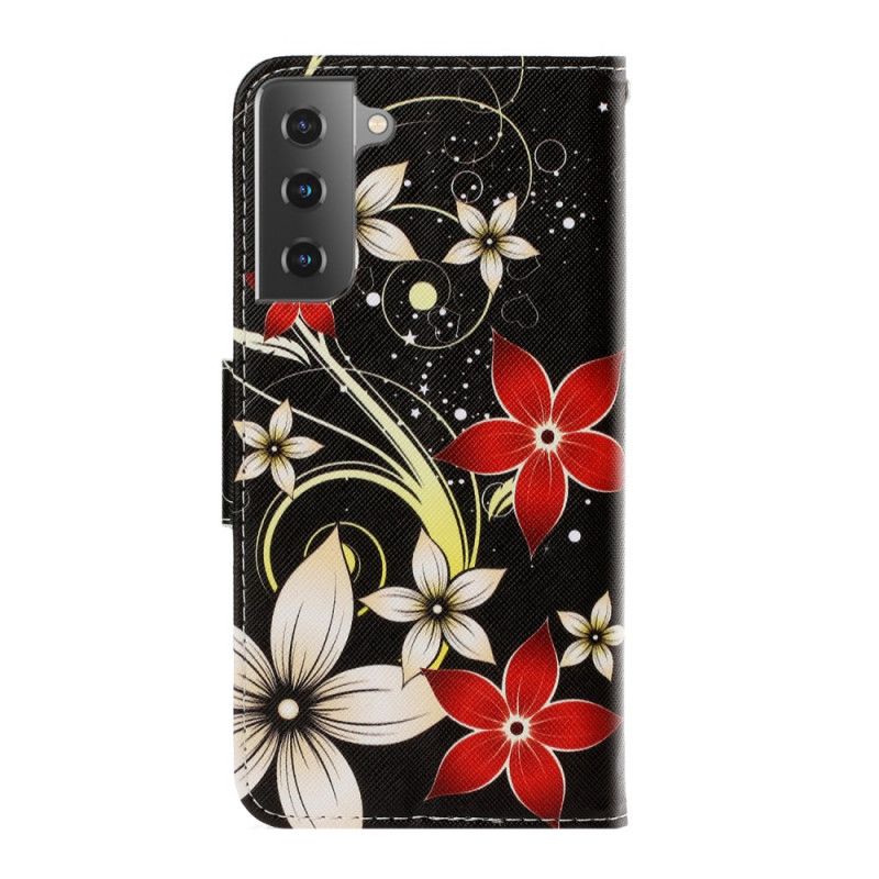 Flip Cover Samsung Galaxy S21 5G Sort Farverige Blomster Med En Rem