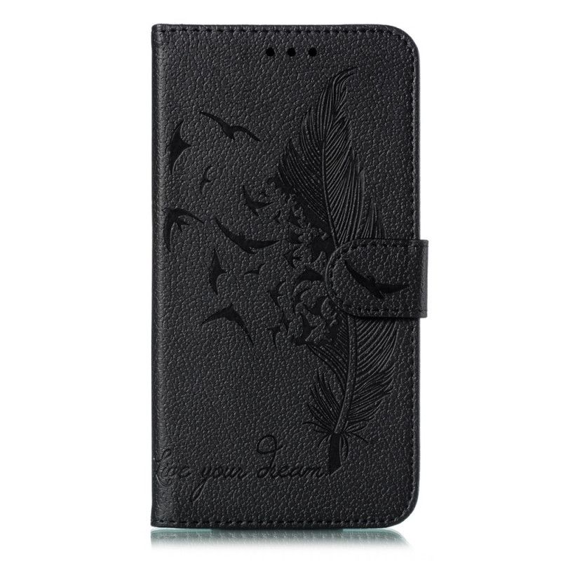 Flip Cover Læder for Xiaomi Redmi Note 9S / Note 9 Pro Sort Fjer Lever Din Drøm