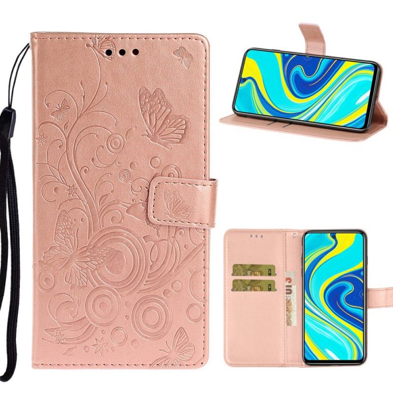 Flip Cover Læder Xiaomi Redmi Note 9S / Note 9 Pro Magenta Sommerfugle I Blomsterne Beskyttelse