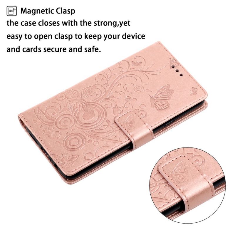 Flip Cover Læder Xiaomi Redmi Note 9S / Note 9 Pro Magenta Sommerfugle I Blomsterne Beskyttelse