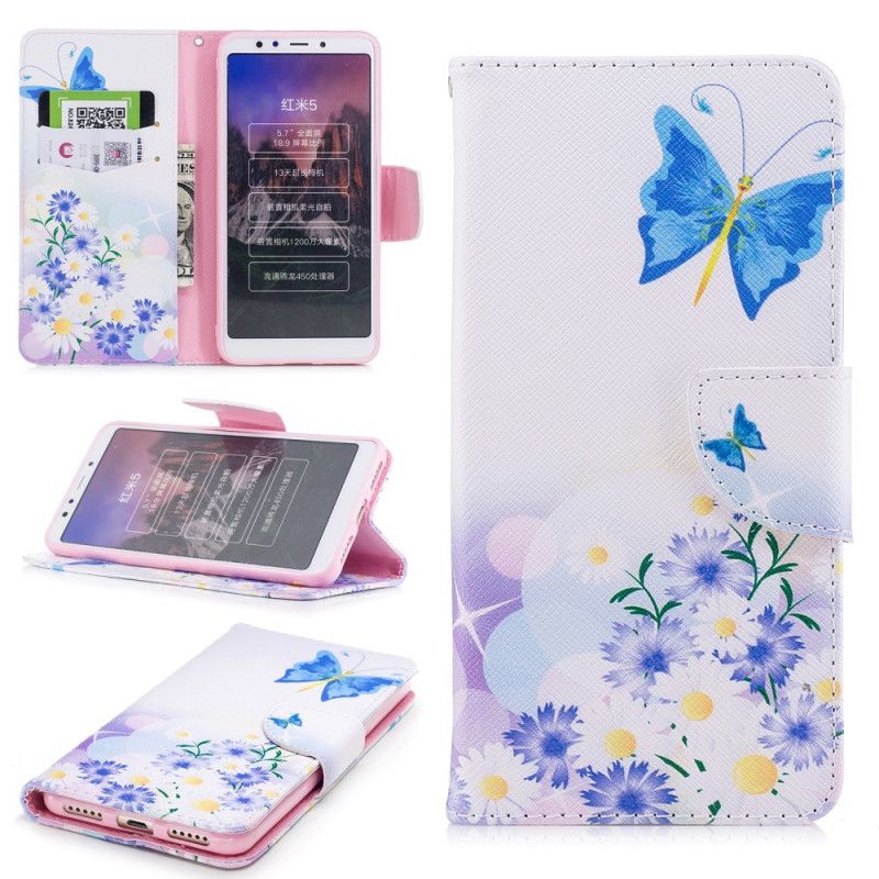 Flip Cover Læder Xiaomi Redmi 5 Malede Sommerfugle Og Blomster