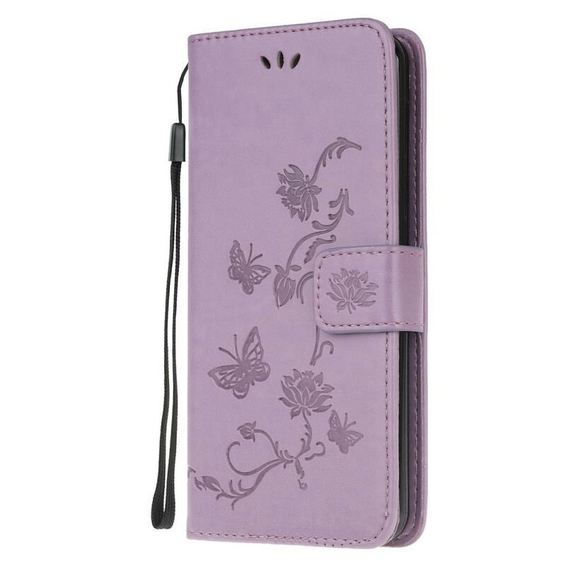 Flip Cover Samsung Galaxy A52 4G / A52 5G / A52s 5G Med Snor Thong Sommerfugle Og Blomster