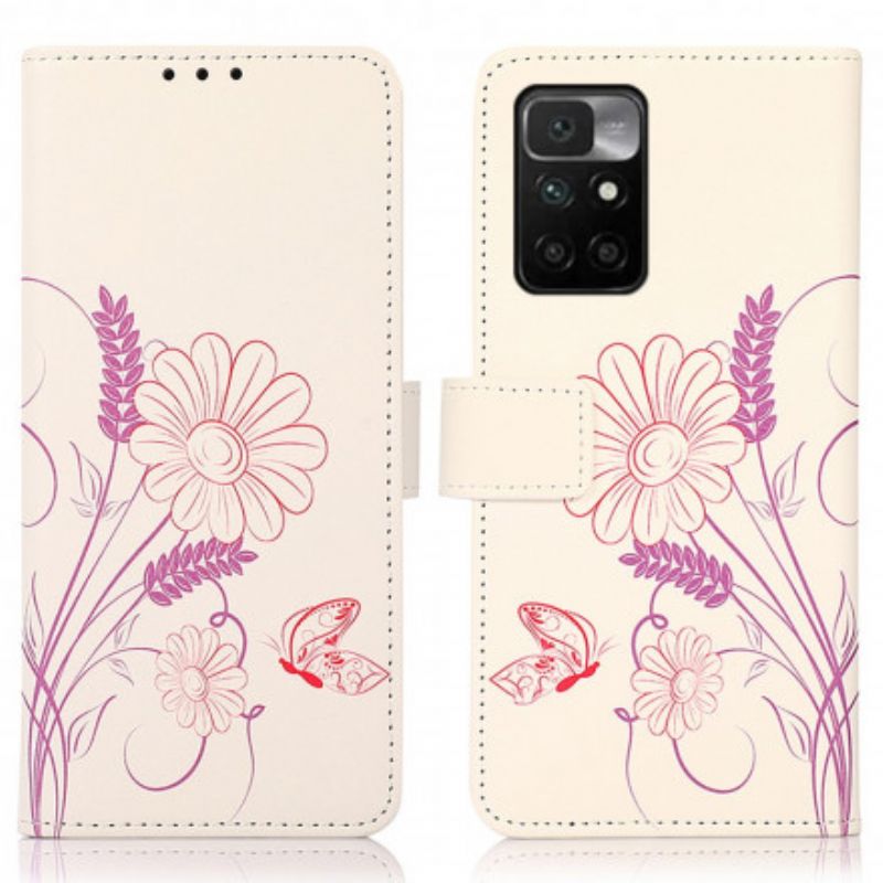 Flip Cover Xiaomi Redmi 10 Tegning Sommerfugle Og Blomster