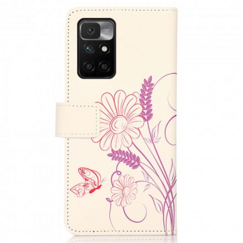 Flip Cover Xiaomi Redmi 10 Tegning Sommerfugle Og Blomster