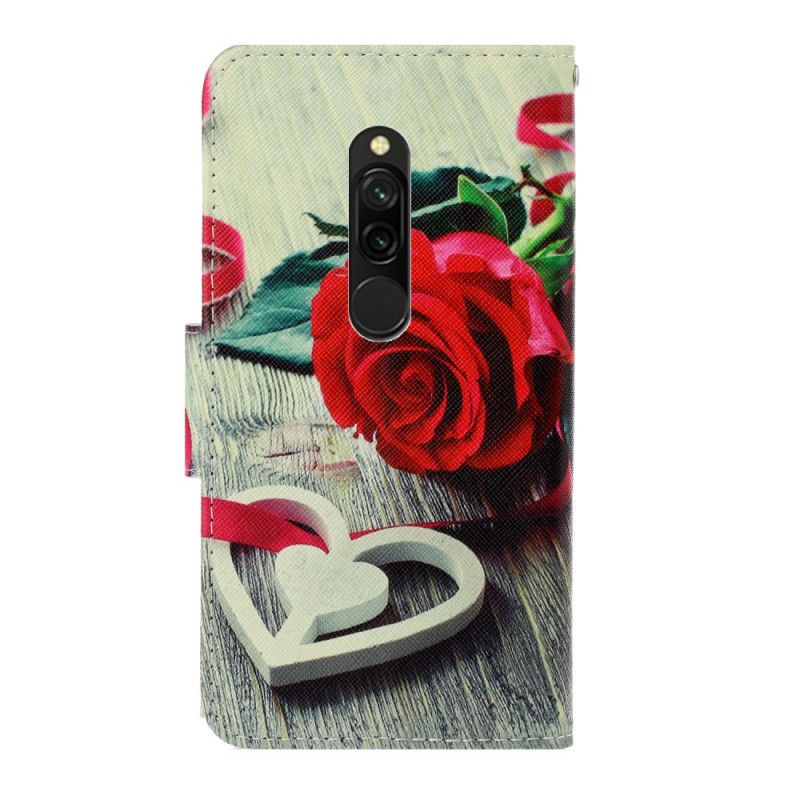 Flip Cover Læder for Xiaomi Redmi 8 Romantisk Rose Med Rem