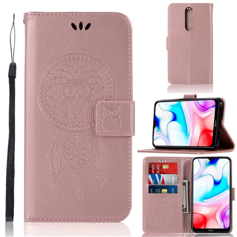 Flip Cover Læder Xiaomi Redmi 8 Rose Gold Drømfanger Til Ugle I Lædereffekt Original