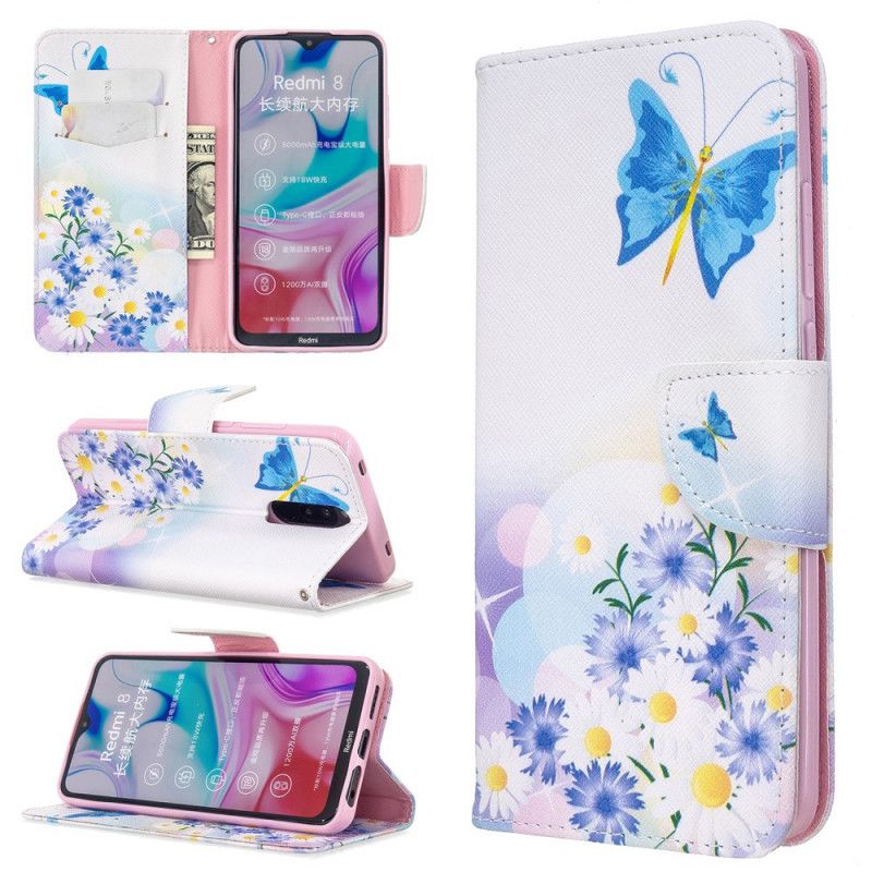 Flip Cover Xiaomi Redmi 8 Magenta Mobilcover Malede Sommerfugle Og Blomster