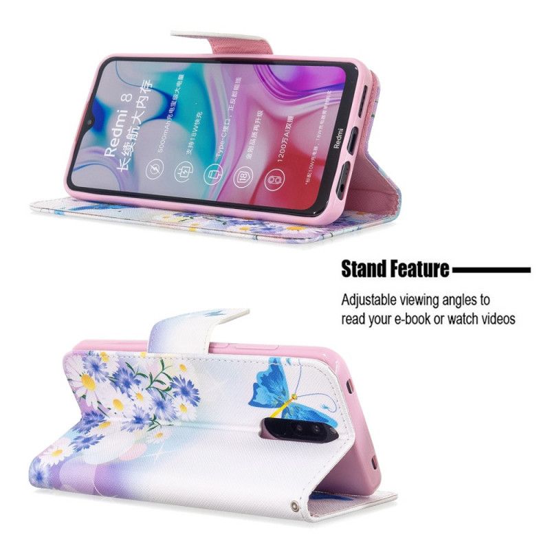 Flip Cover Xiaomi Redmi 8 Magenta Mobilcover Malede Sommerfugle Og Blomster