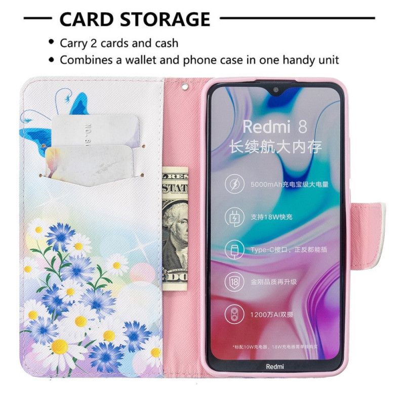 Flip Cover Xiaomi Redmi 8 Magenta Mobilcover Malede Sommerfugle Og Blomster