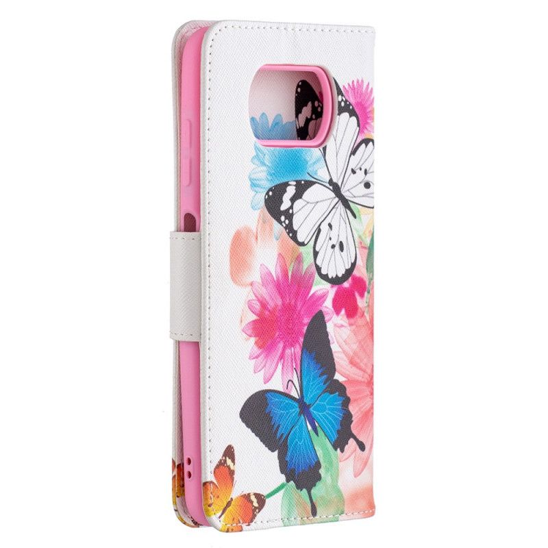 Flip Cover Læder Xiaomi Poco X3 Malede Sommerfugle Og Blomster