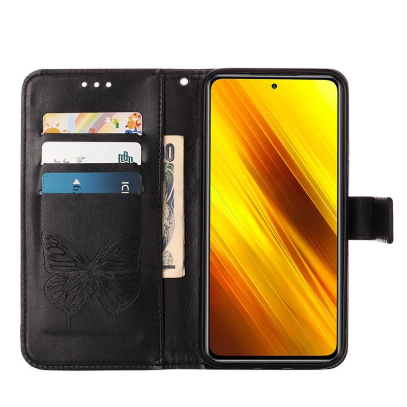 Flip Cover Læder Xiaomi Poco X3 Sort Designer Sommerfugl Med Rem Beskyttelse