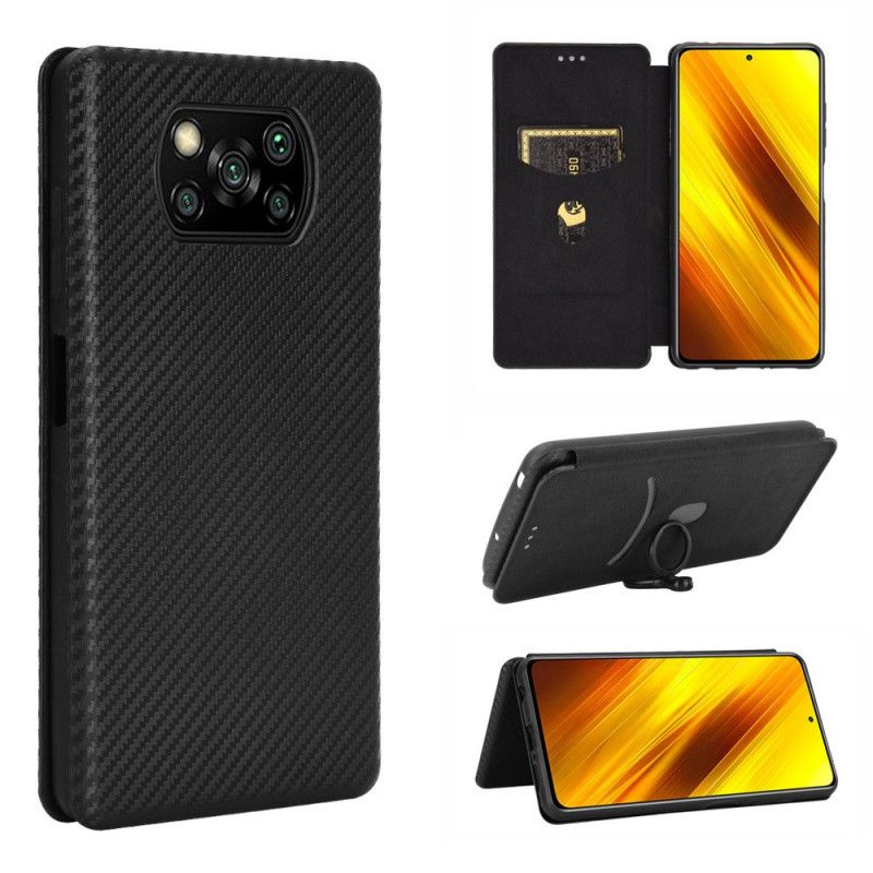 Læder Cover Xiaomi Poco X3 Sort Mobilcover Kulfiber Med Støttering