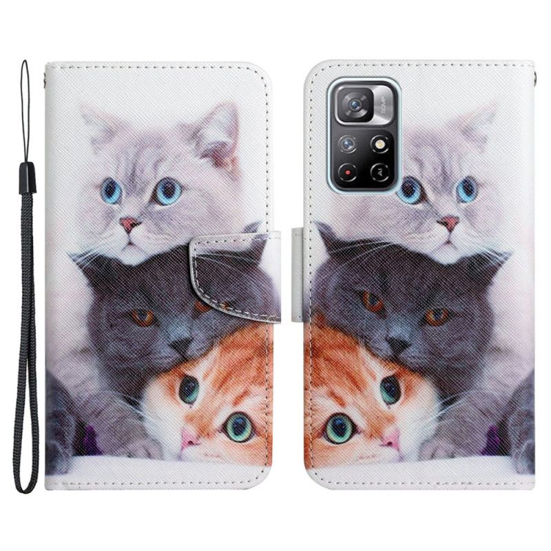 Læder Cover Xiaomi Redmi Note 11 / Poco M4 Pro 5g Pile Of Cats Lanyard