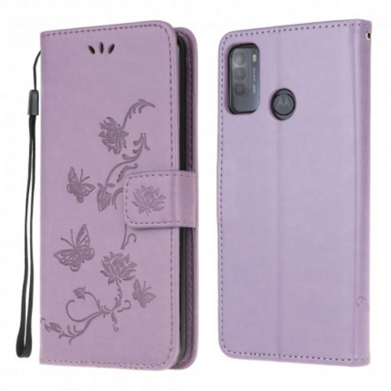 Flip Cover Til Moto G50 Sommerfugle Og Blomster Strappy