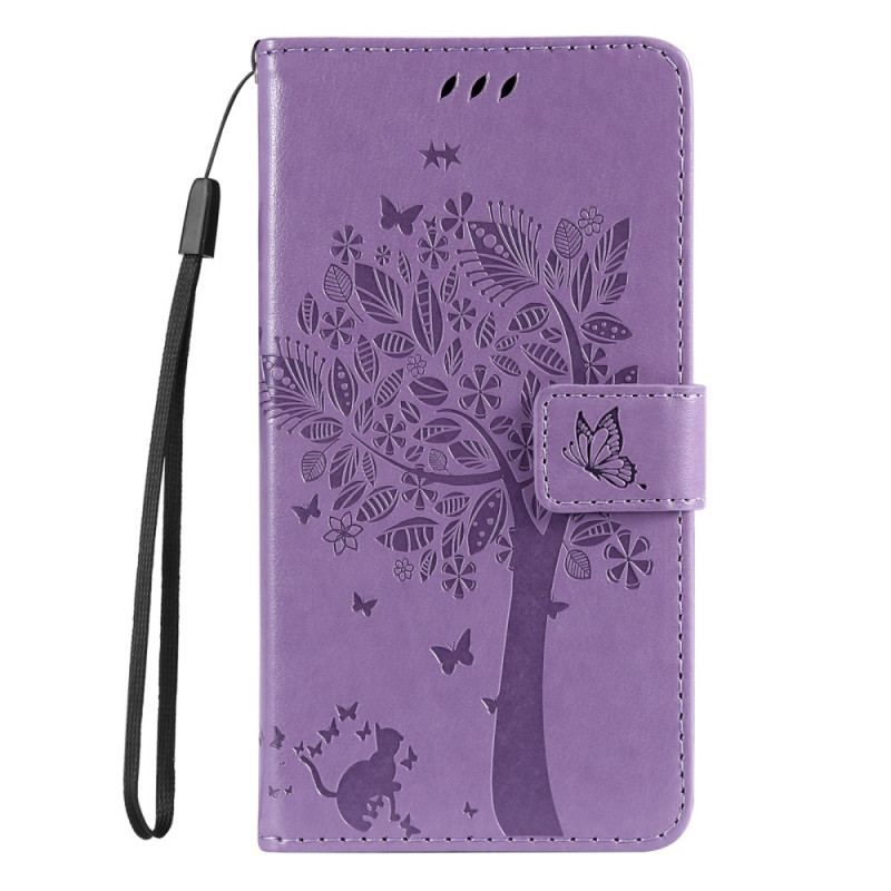 Flip Cover Samsung Galaxy M52 5G Blomstrende Træ Og Kat