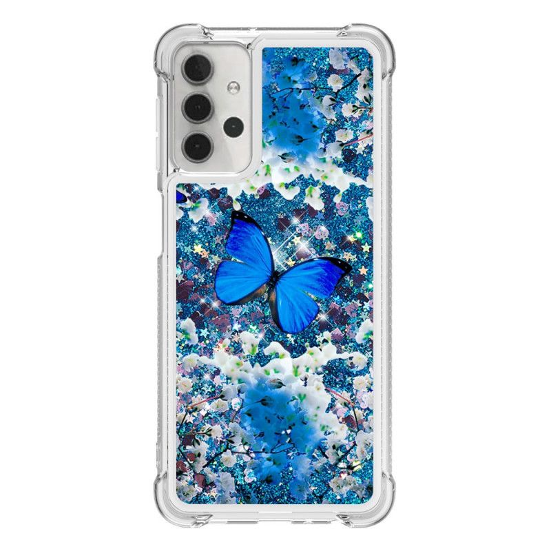 Cover Samsung Galaxy A32 5G Blå Glitter Sommerfugle