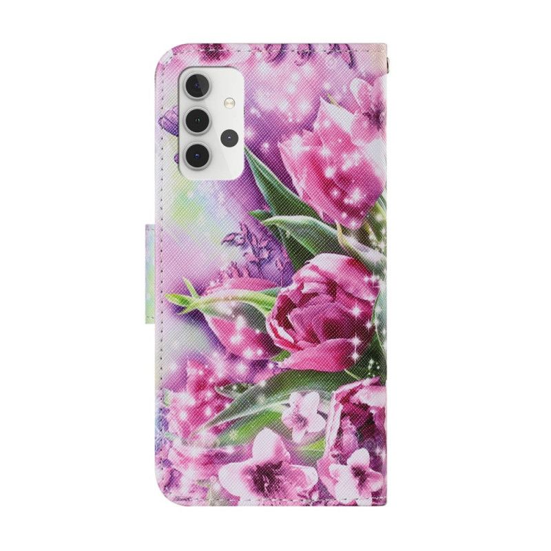 Flip Cover Læder for Samsung Galaxy A32 5G Sommerfugle Og Tulipaner