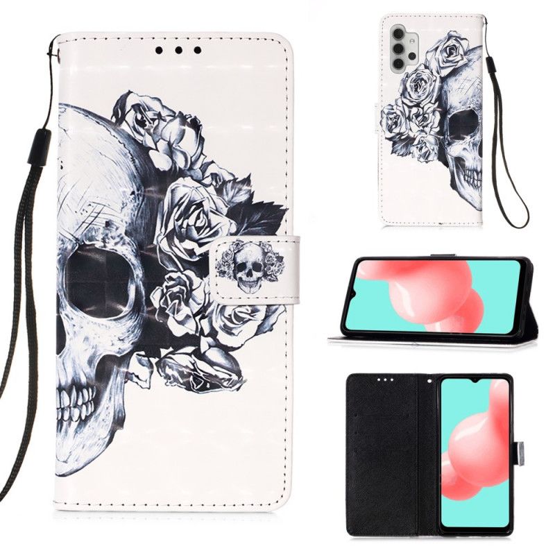 Flip Cover Læder for Samsung Galaxy A32 5G Sort Blomstret Kranium