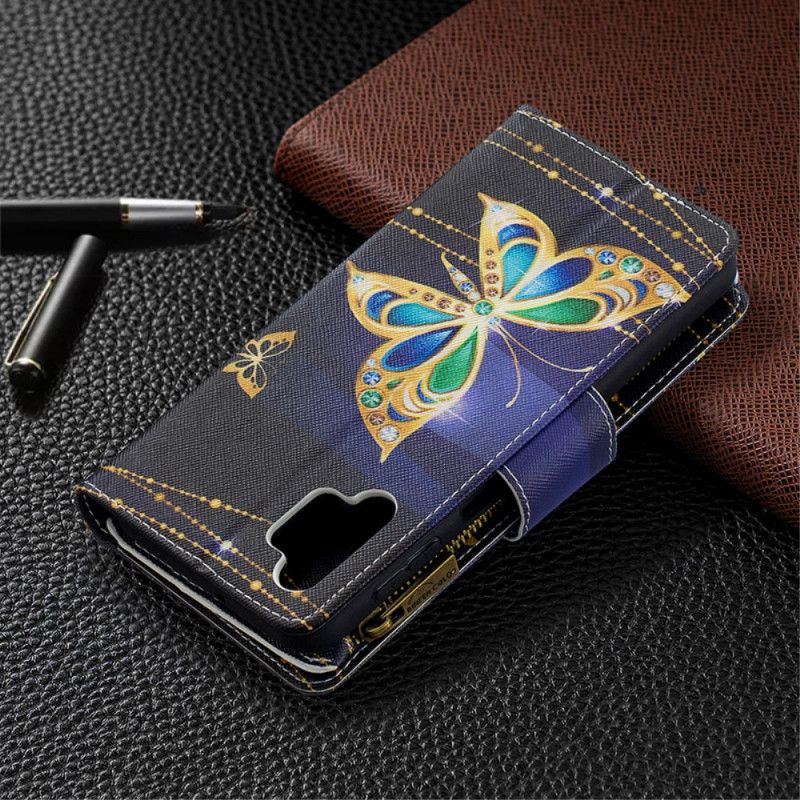 Flip Cover Læder for Samsung Galaxy A32 5G Sort Lynlåslomme Med Sommerfugle Art