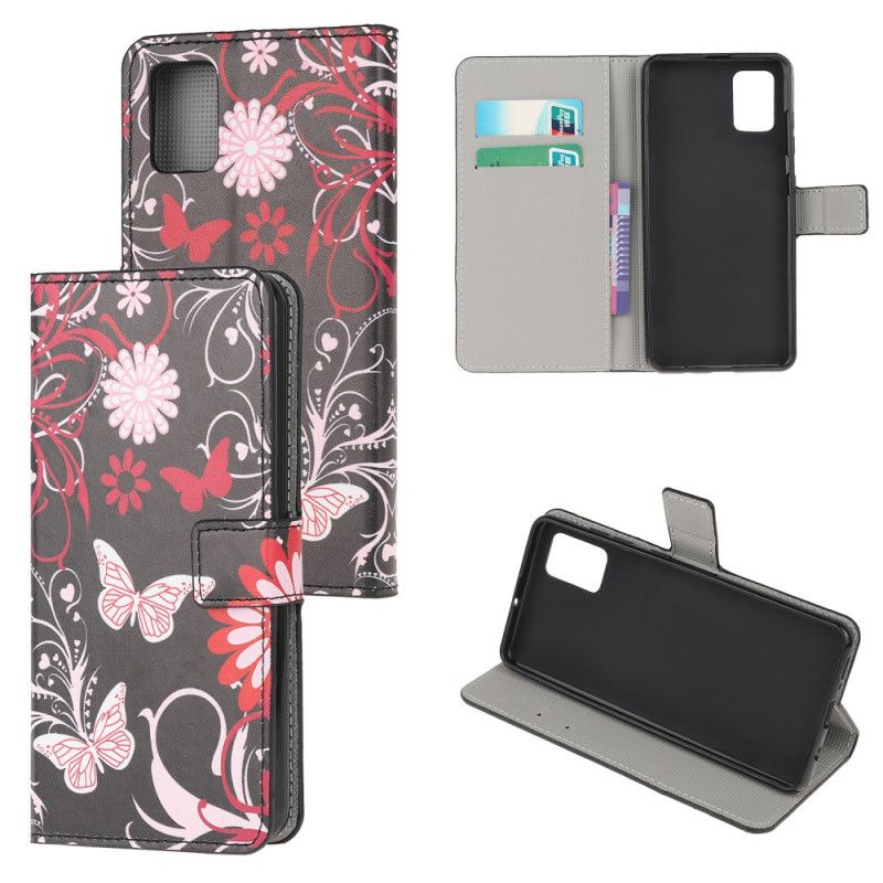 Flip Cover Læder for Samsung Galaxy A32 5G Sort Sommerfugle Og Blomster