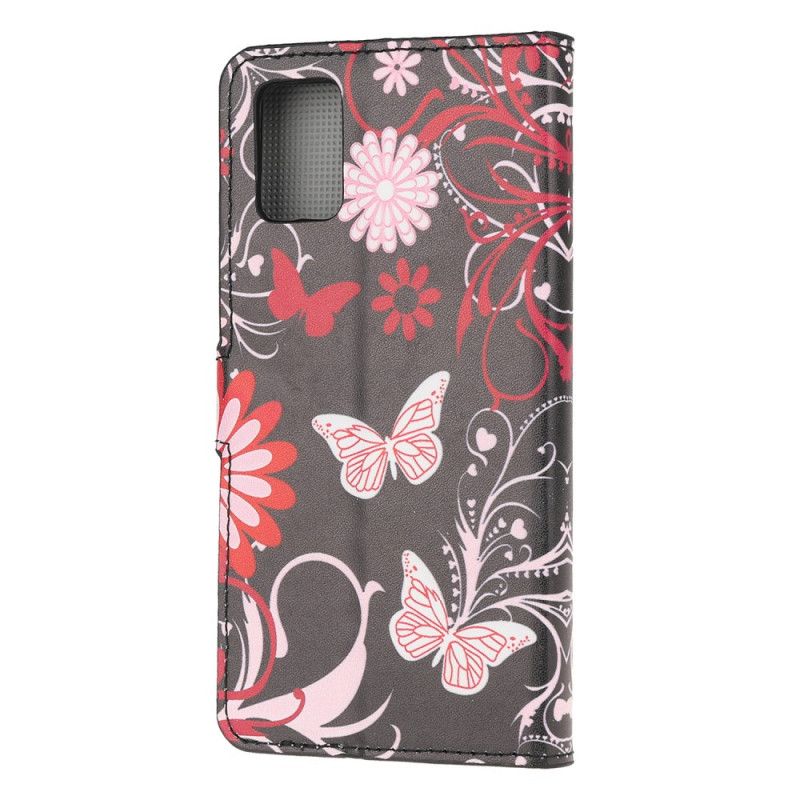 Flip Cover Læder for Samsung Galaxy A32 5G Sort Sommerfugle Og Blomster