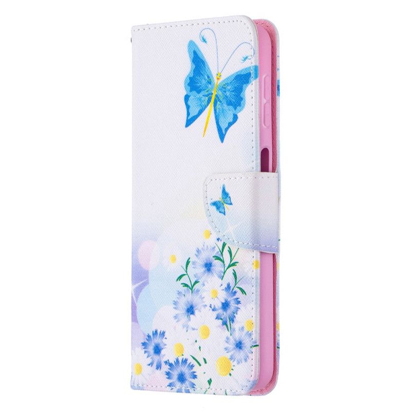 Flip Cover Læder Samsung Galaxy A32 5G Magenta Malede Sommerfugle Og Blomster