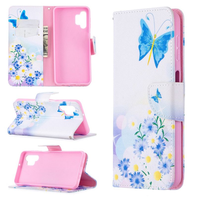 Flip Cover Læder Samsung Galaxy A32 5G Magenta Malede Sommerfugle Og Blomster