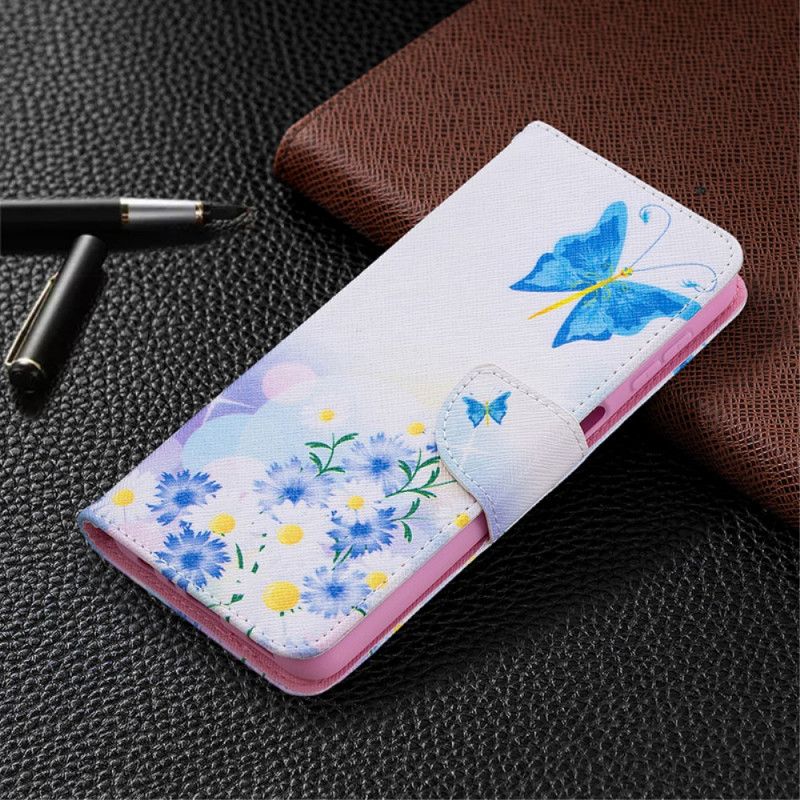 Flip Cover Læder Samsung Galaxy A32 5G Magenta Malede Sommerfugle Og Blomster