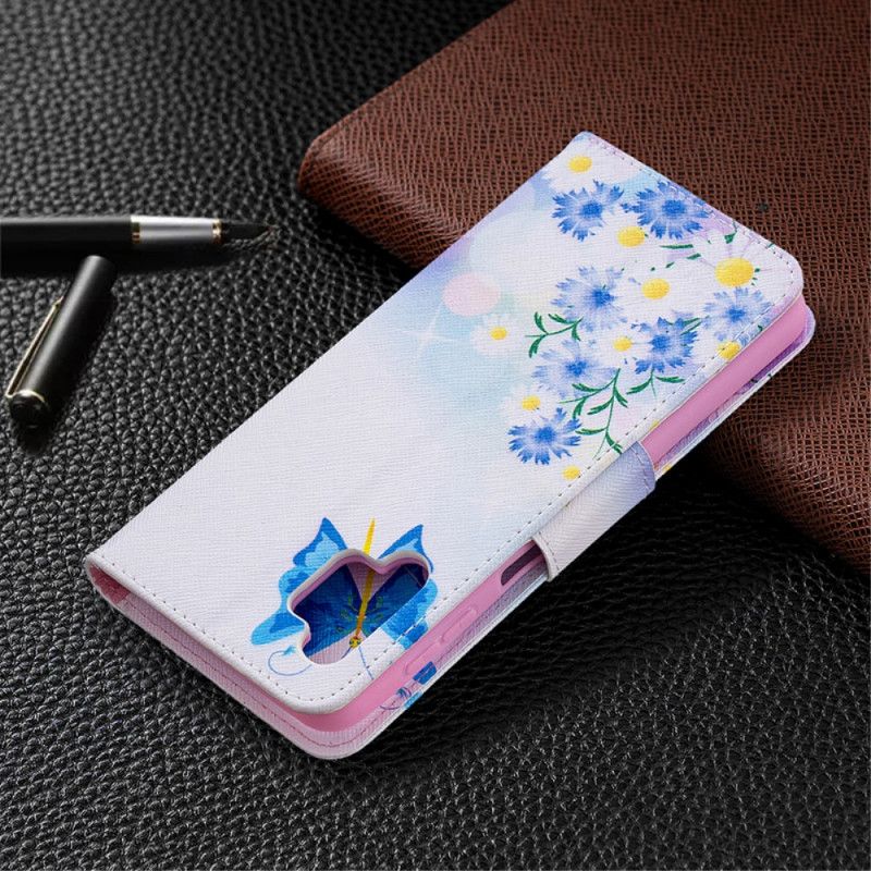 Flip Cover Læder Samsung Galaxy A32 5G Magenta Malede Sommerfugle Og Blomster