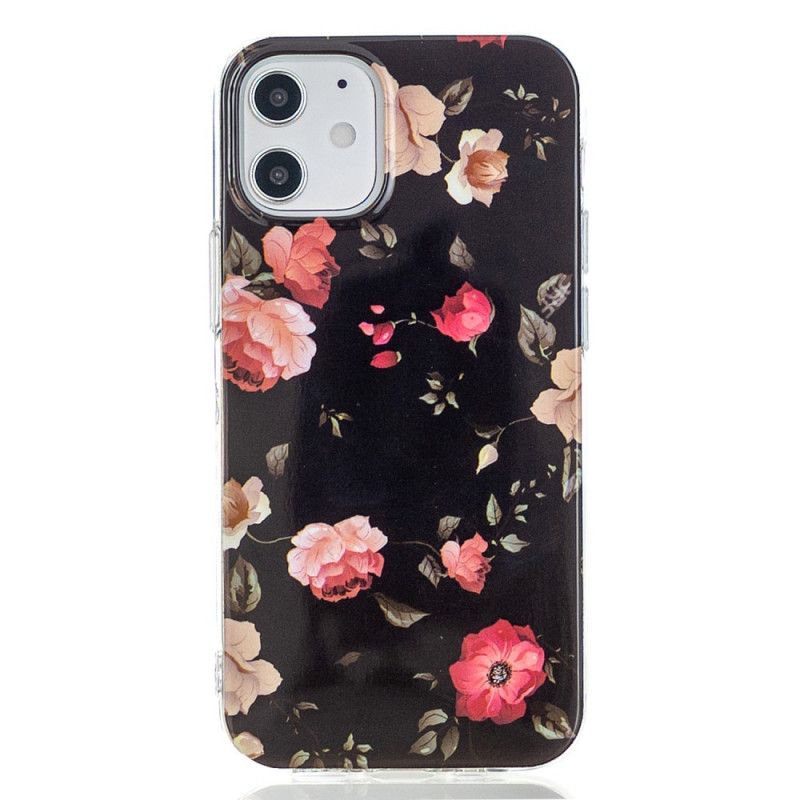 Cover iPhone 12 / 12 Pro Sort Mobilcover Fluorescerende Blomsterserie