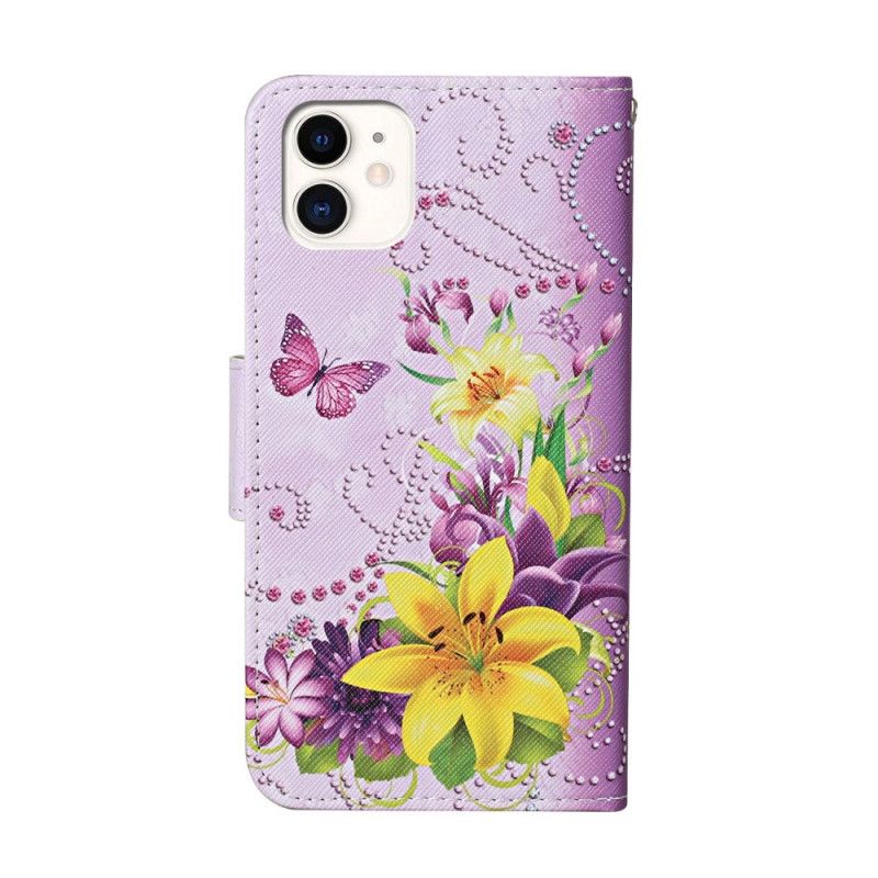 Flip Cover iPhone 12 / 12 Pro Magenta Mobilcover Mesterlige Blomster Med Rem