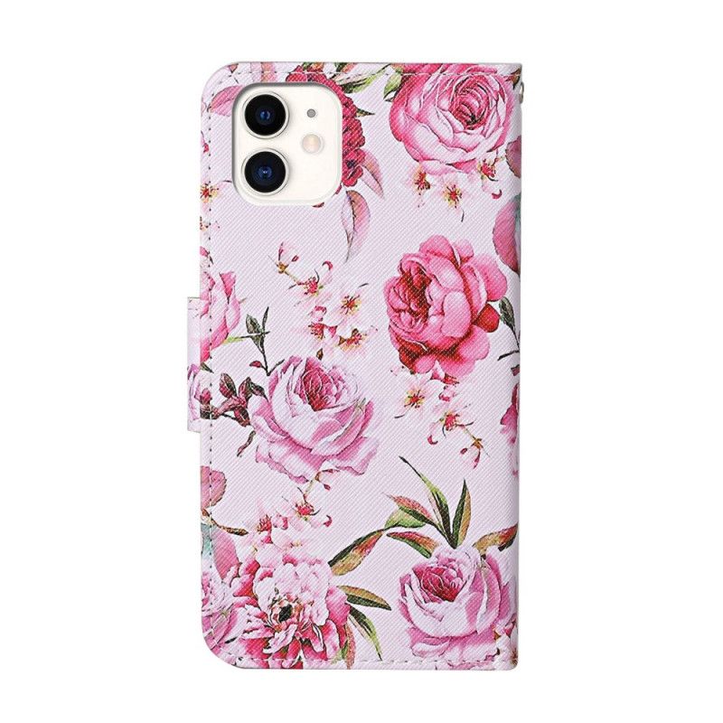 Flip Cover iPhone 12 / 12 Pro Magenta Mobilcover Mesterlige Blomster Med Rem