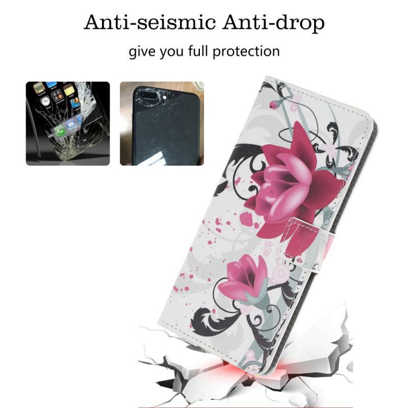 Flip Cover Læder iPhone 12 / 12 Pro Magenta Tropiske Blomster