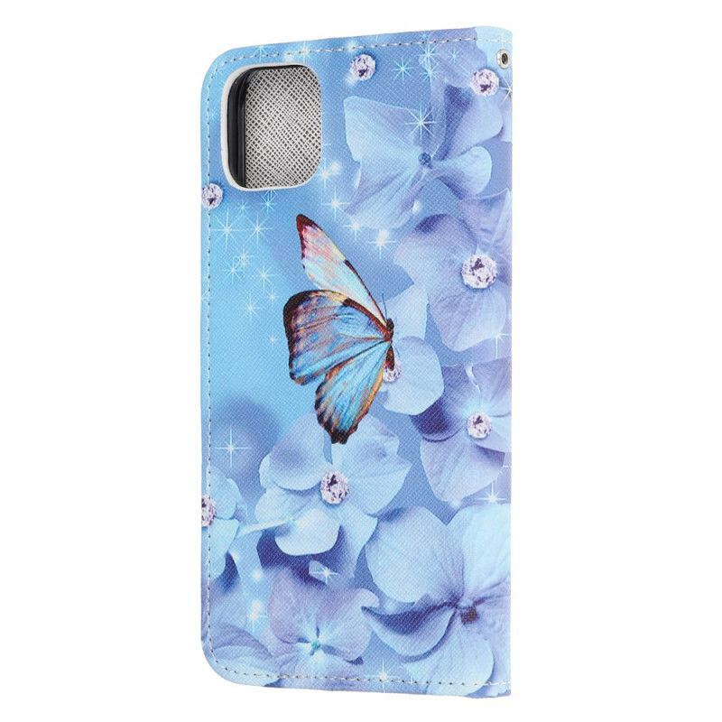 Flip Cover Læder iPhone 12 / 12 Pro Thong Diamant Sommerfugle Beskyttelse