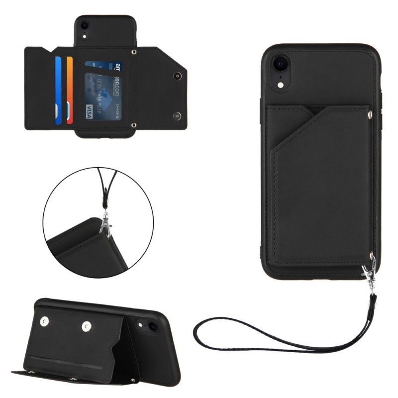 Cover iPhone XR Sort Mobilcover Multi-Card Håndfri Support Og Snor