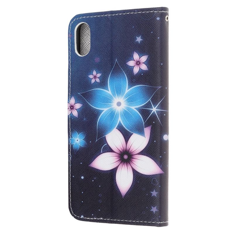 Flip Cover Læder for iPhone XR Måneblomster Med Rem