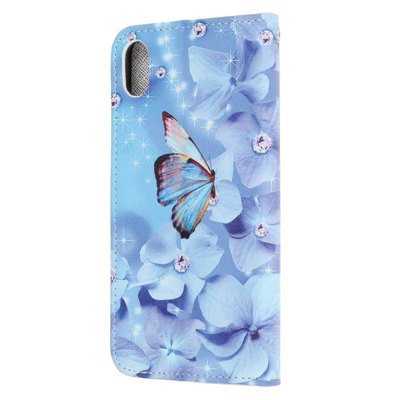 Flip Cover Læder for iPhone XR Thong Diamant Sommerfugle