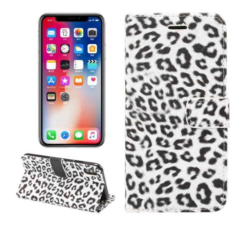 Flip Cover Læder iPhone XR Hvid Leopard