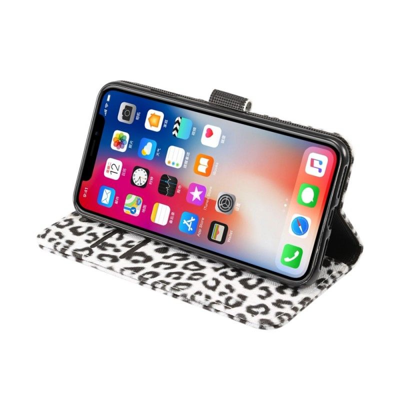 Flip Cover Læder iPhone XR Hvid Leopard