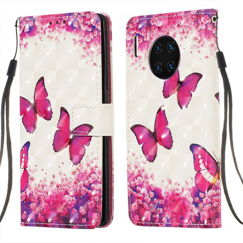 Flip Cover Læder for Huawei Mate 30 Pro Røde Sommerfugle