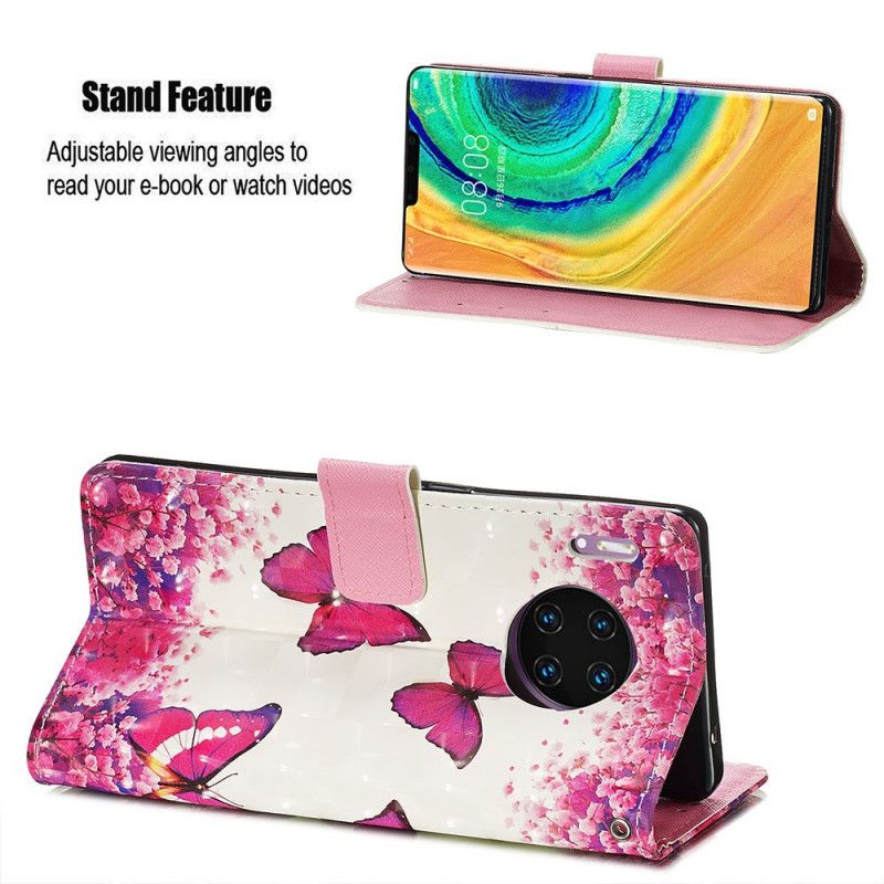 Flip Cover Læder for Huawei Mate 30 Pro Røde Sommerfugle