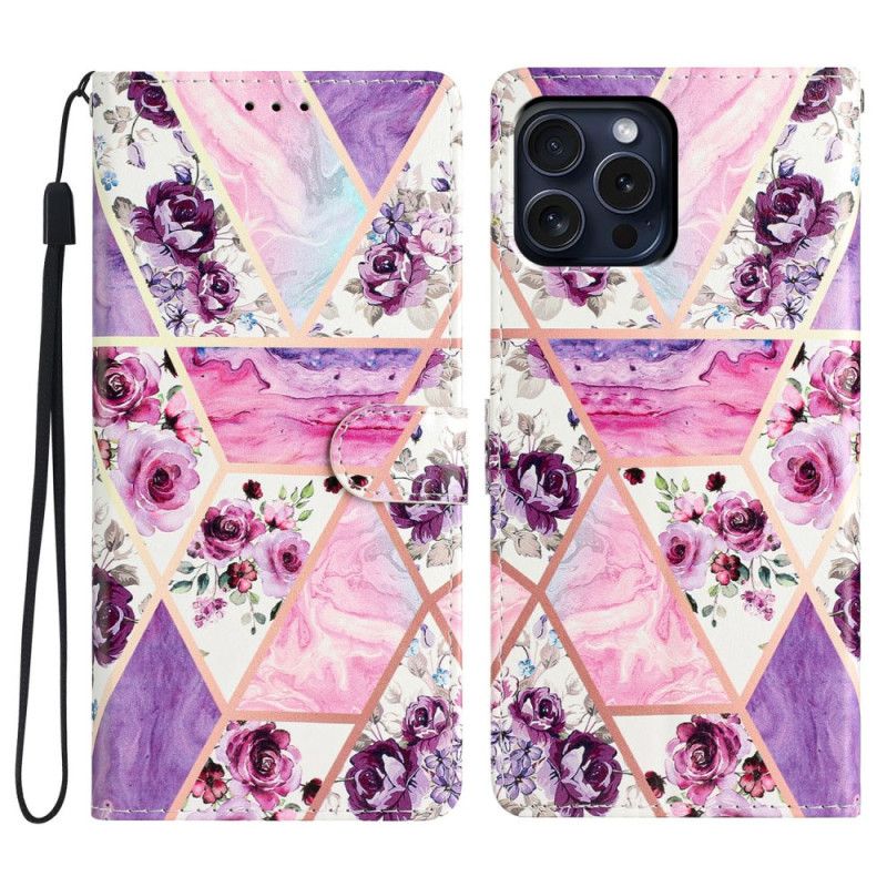 Flip Cover iPhone 16 Pro Max Lilla Blomster Med Rem