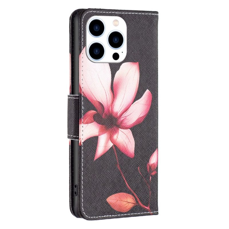 Flip Cover iPhone 16 Pro Max Lyserød Blomst Med Sort Baggrund