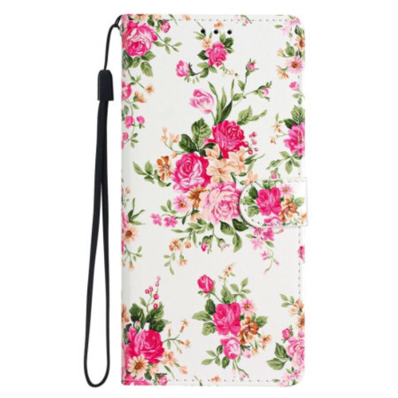 Flip Cover iPhone 16 Pro Max Røde Blomster Med Rem