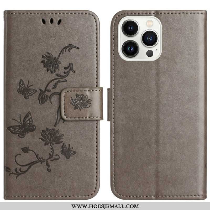 Flip Cover Til iPhone 16 Pro Max Sommerfugle Og Blomster