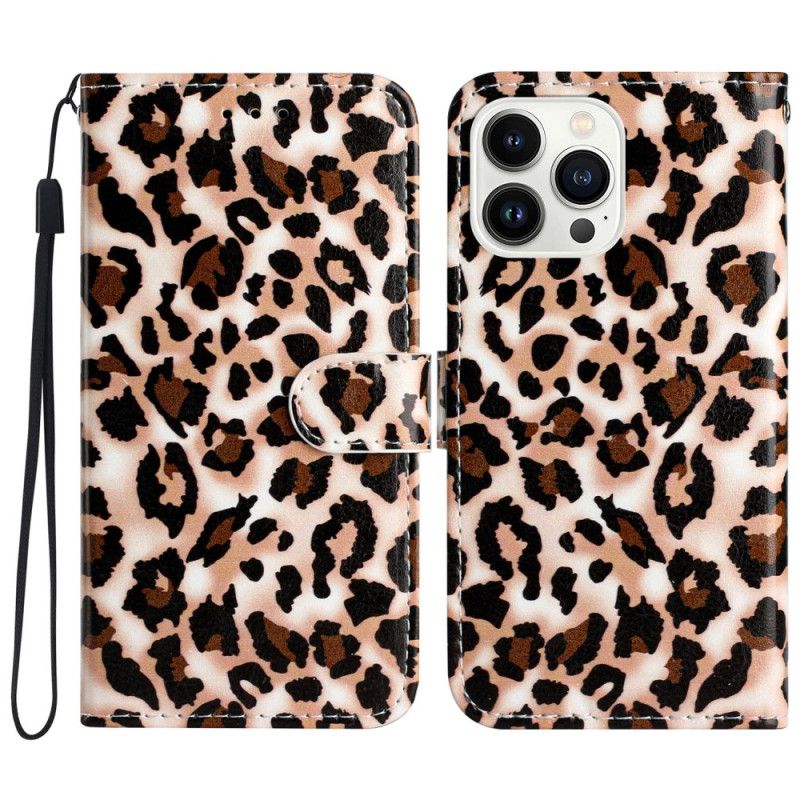 Læder Cover iPhone 16 Pro Max Leopardmønster Med Rem