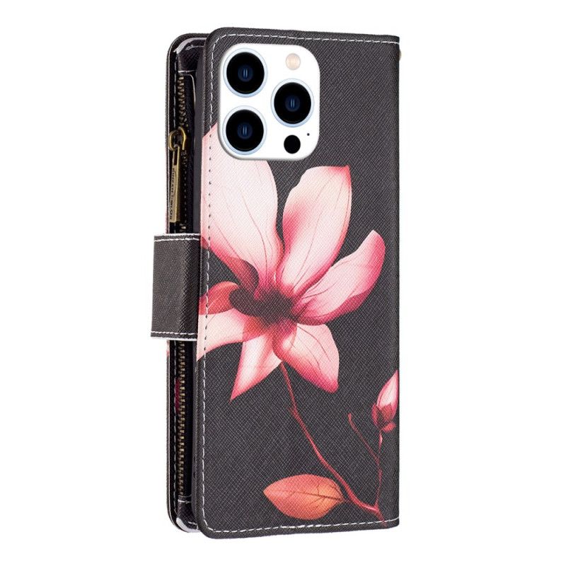 Læder Cover iPhone 16 Pro Max Pink Flower Pung På Sort Baggrund