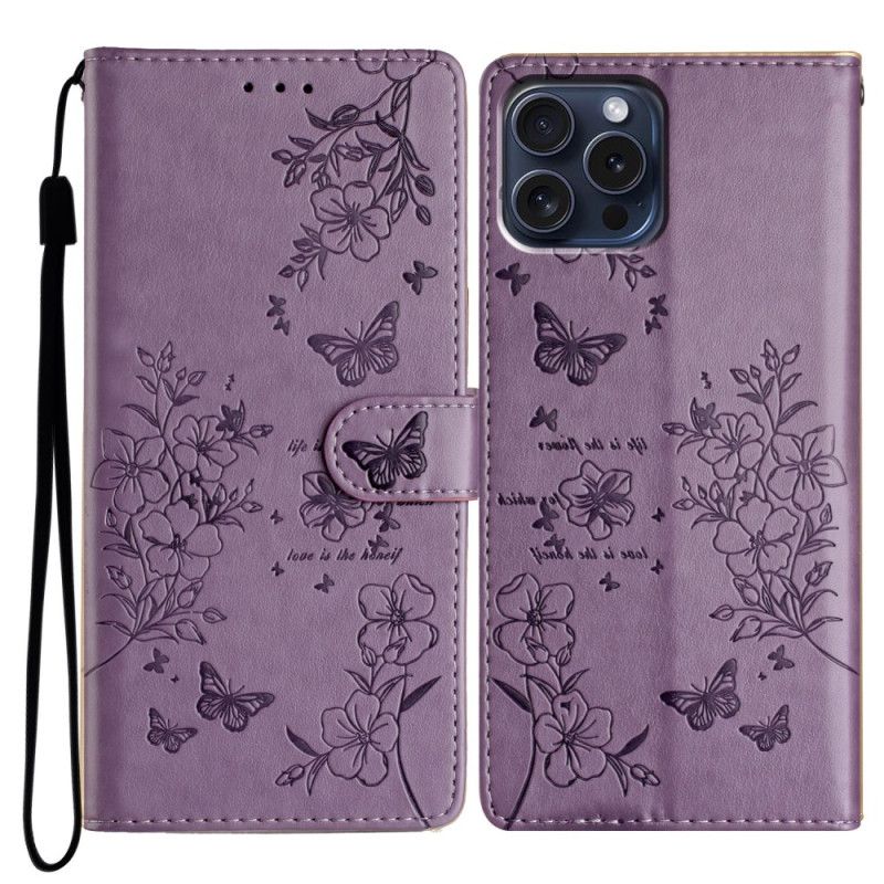 Læder Cover iPhone 16 Pro Max Telefon Etui Blomster Og Sommerfugle