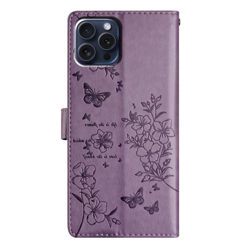 Læder Cover iPhone 16 Pro Max Telefon Etui Blomster Og Sommerfugle