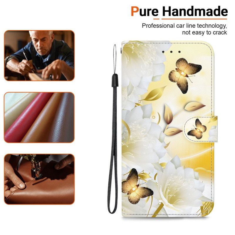 Læder Cover iPhone 16 Pro Max Telefon Etui Gyldne Sommerfugle Og Blomster Med Rem